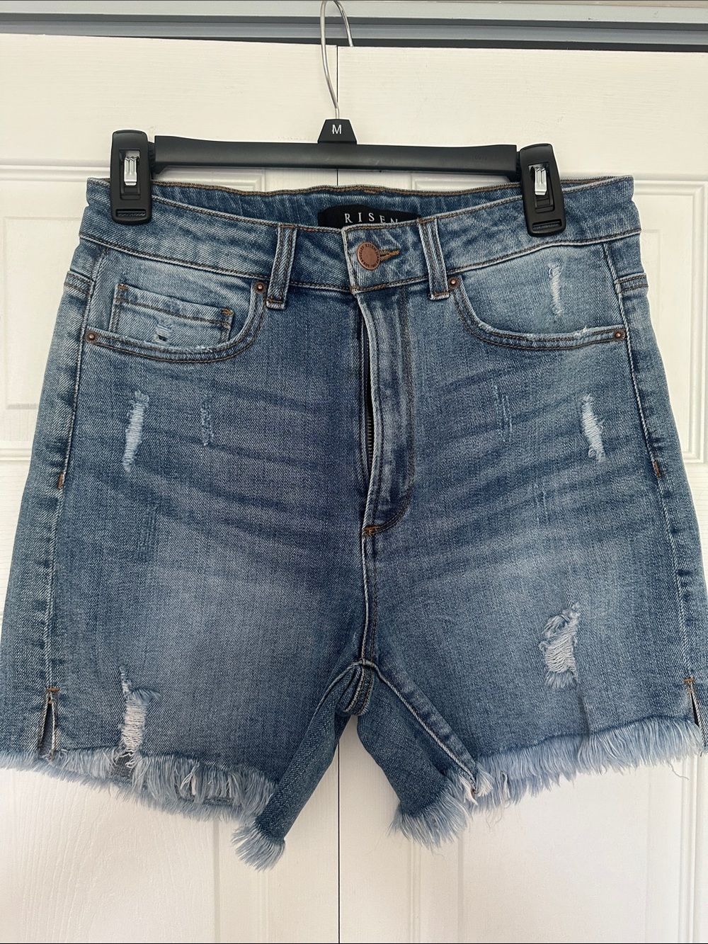 Risen High-Rise Distressed Denim Shorts in Light Blue